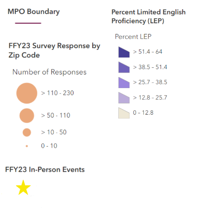 Legend for map depicting the geographic distribution of survey responses (by zip code) for all FFY 2023 surveys in relationship to the distribution of the limited-English proficiency (LEP) population in the Boston region. The map also includes points where in-person events were held during FFY 2023. In person events were held in areas with a medium to high LEP population, but survey responses overlap less with this population, particularly outside of the inner core.